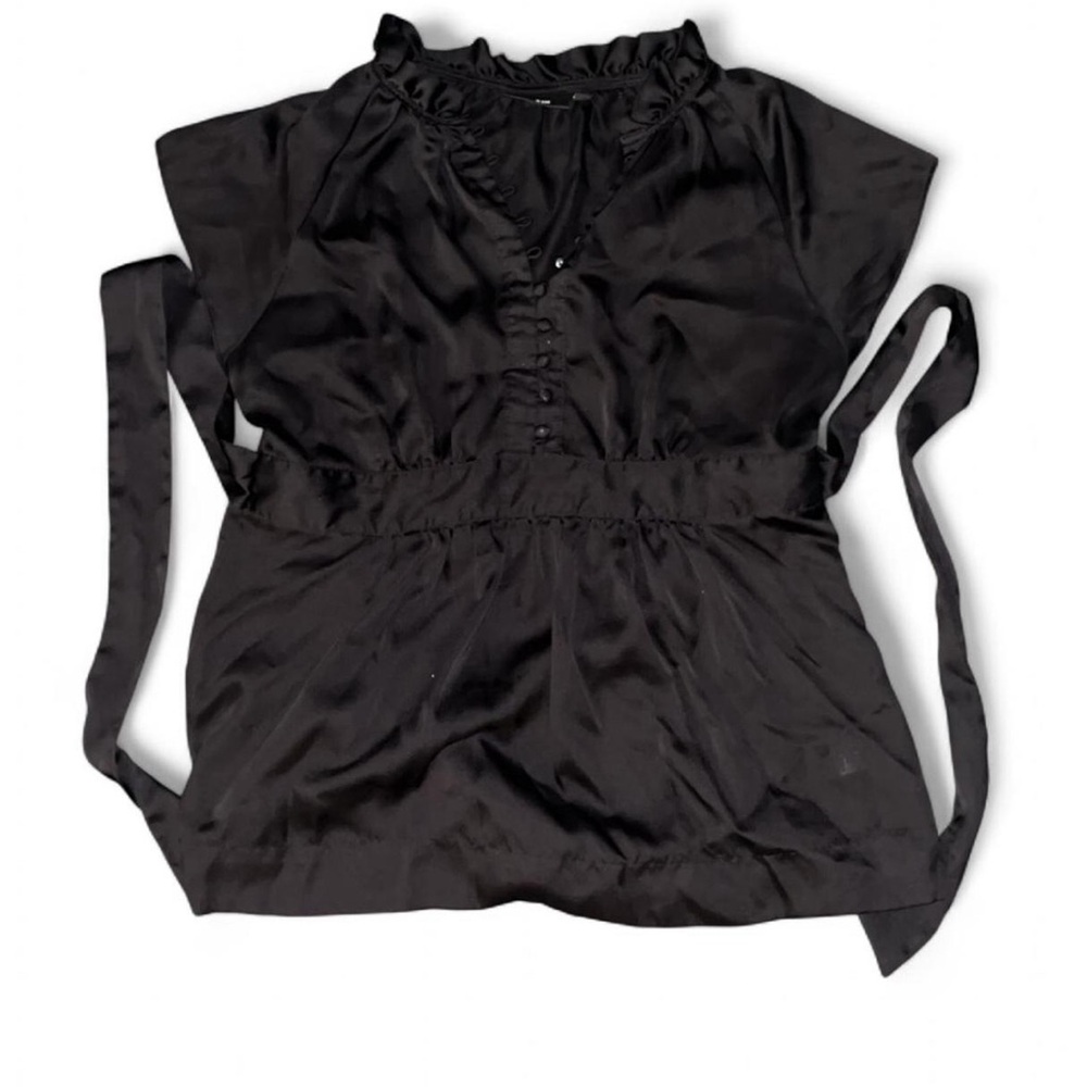 Black Satin Blouse with Ruffle Detail
